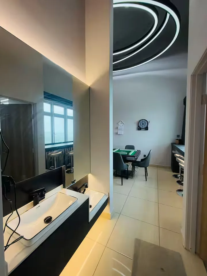 Bathroom and entertainment area